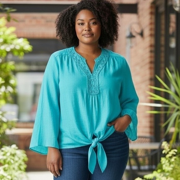 I.N. Studio Tops - IN Studio Womens Turquoise Crochet V-Neck Tie Front Bell Sleeve Blouse Large